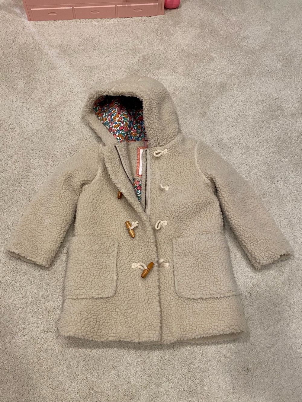 Boden Girls Size 5-6Y Cream Sherpa Hooded Toggle Coat with Soft Floral Lining